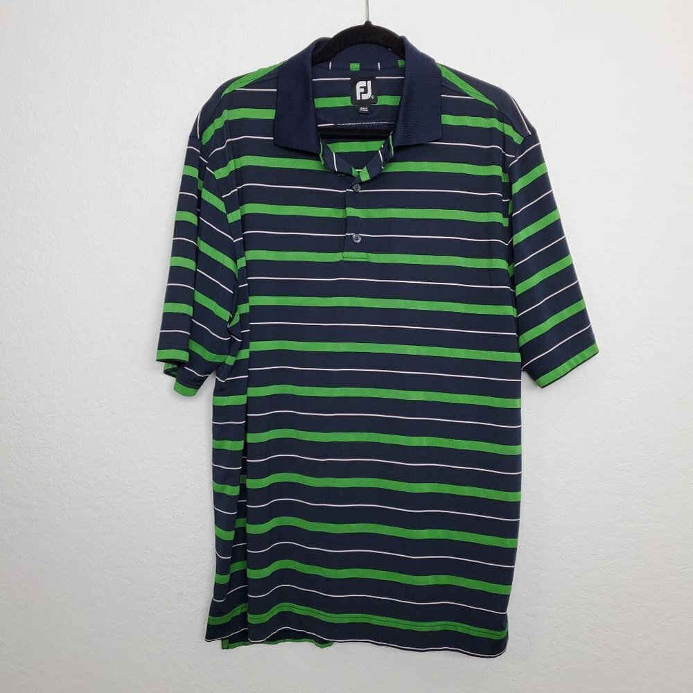 Footjoy Men's Golf Polo Shirt Size L Short Sleeve Striped Navy Green Collared